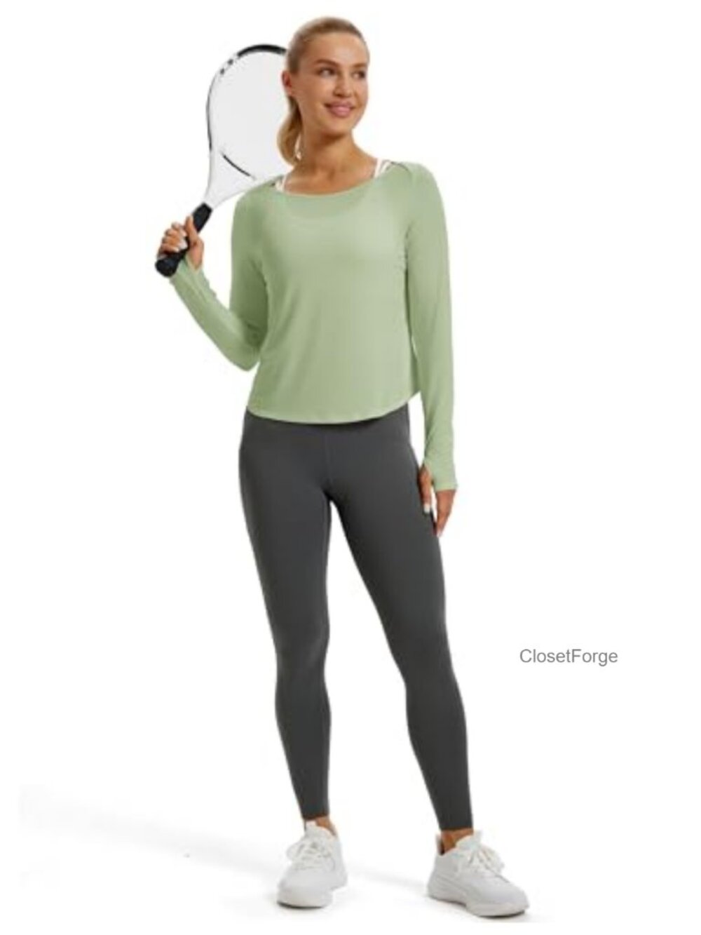 Open Back Crop Top Long Sleeve Boat Neck Yoga Shirt with Thumb Holes - Picture 5 of 6